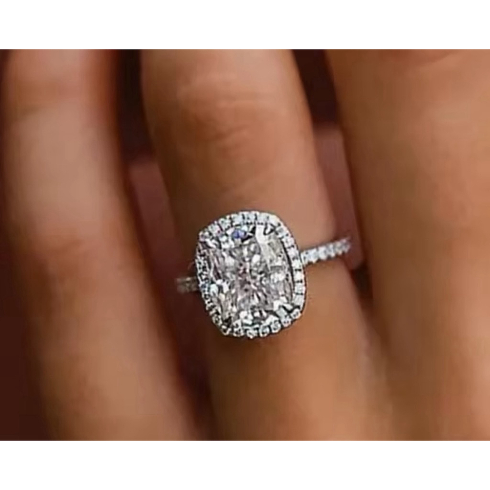 6ct Cushion Cut Halo Engagement Ring | 925 Sterling Silver Platinum - Picture 9 of 16